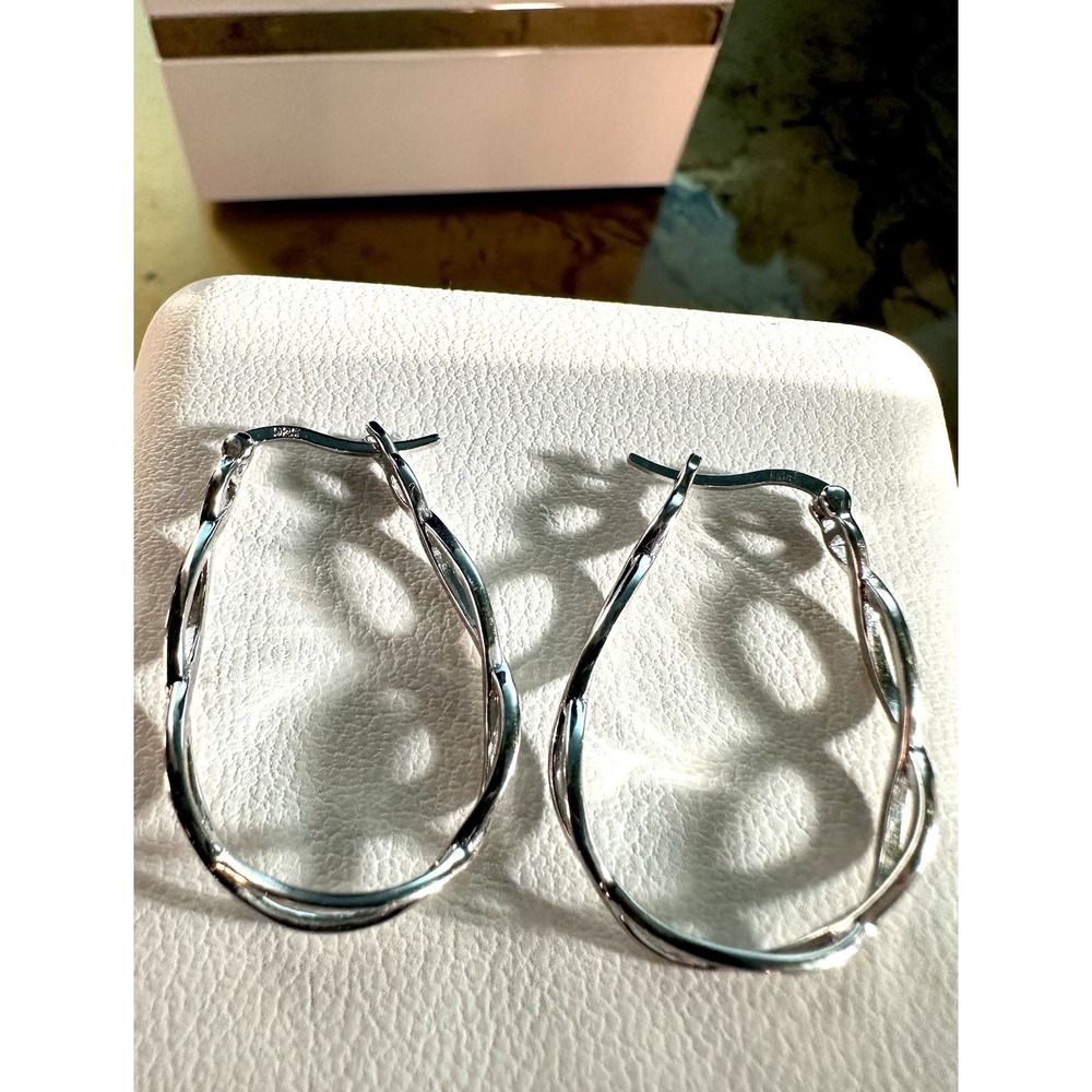 Sterling Silver 925 Twisted Oval Hoop Earrings, Butterfly Closure - Picture 2 of 4